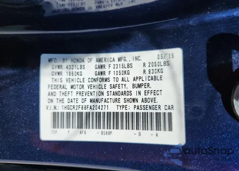 2015 Honda Accord Exl from USA, damaged, VIN 1HGCR2F88FA204271